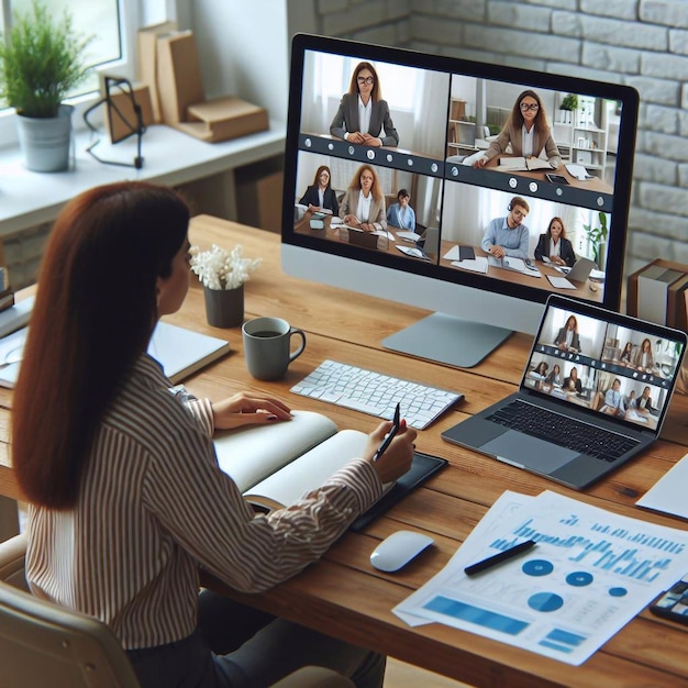 a woman sits at a table with a computer screen showing a diagram of a presentation