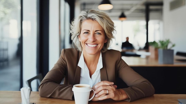 Photo a woman sits at a table with a cup of coffee