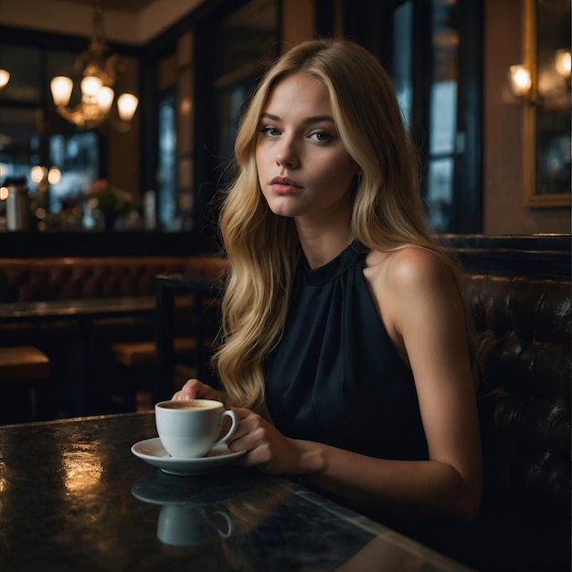 Photo a woman sits at a table with a cup of coffee