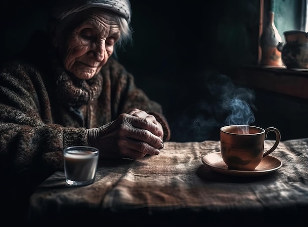 A woman sits at a table with a cup of tea and a cup of tea.