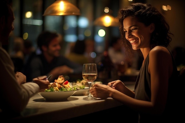 A woman sits at a table with a glass of wine and a man in the background.