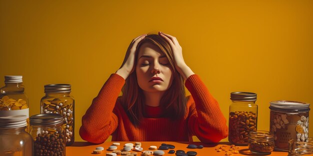 A woman sits at a table with a jar of dice and a jar of coins