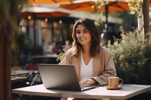 a woman sits at a table with a laptop and coffee