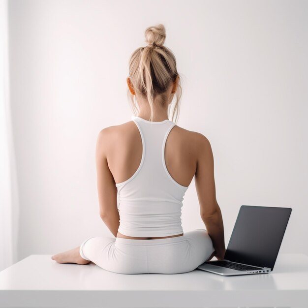 A woman sits on a table with a laptop in front of her.