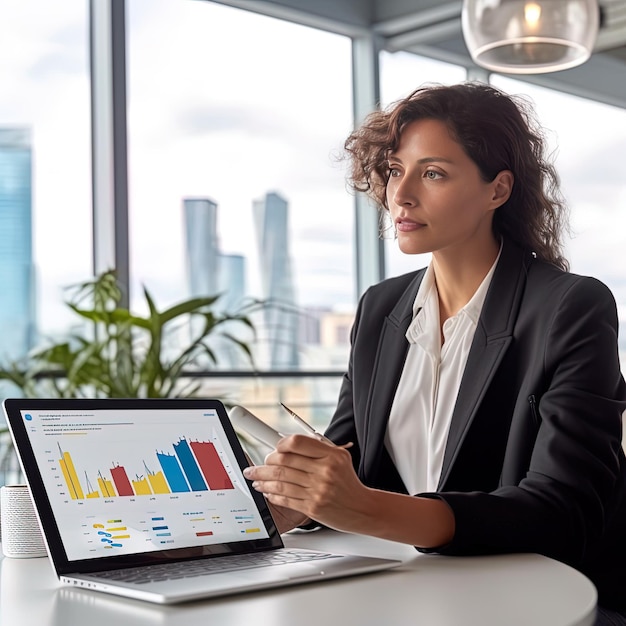 a woman sits at a table with a laptop and a graph on it.