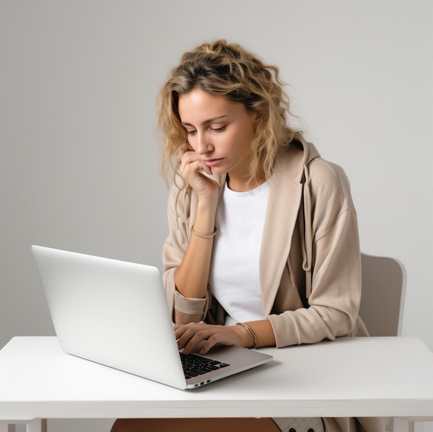 a woman sits at a table with a laptop and her hand on her face.