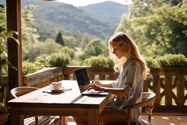 a woman sits at a table with a laptop on her lap