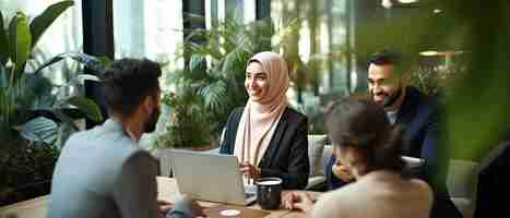 Photo a woman sits at a table with a laptop and a man with a woman on the back