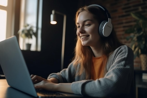 A woman sits at a table with a laptop and wearing headphones.