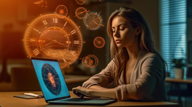 A woman sits at a table with a laptop with a clock on the screen