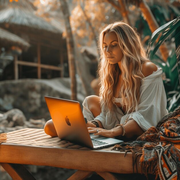 a woman sits at a table with a laptop and the word apple on it