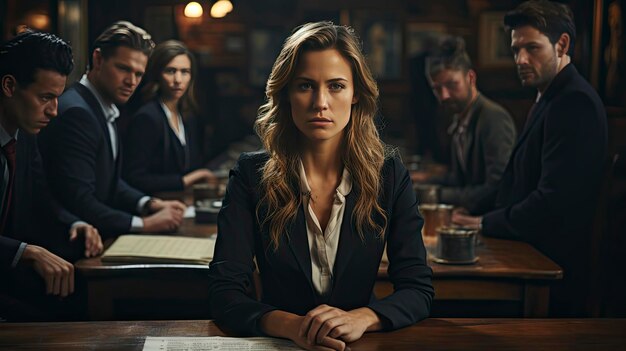 a woman sits at a table with a map in the background.