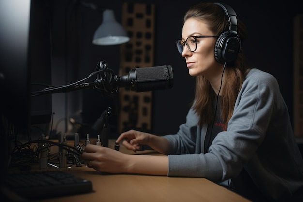 A woman sits at a table with a microphone and wearing glasses and a headset.