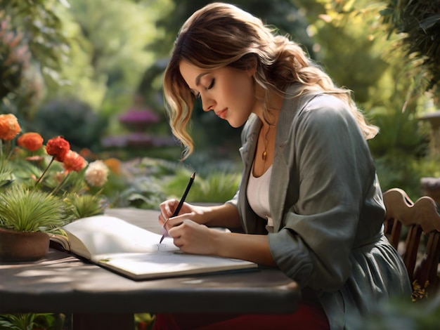 a woman sits at a table with a pen and a book in her hand