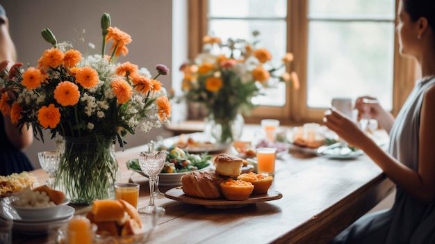 A woman sits at a table with a plate of food and a woman reads a book.