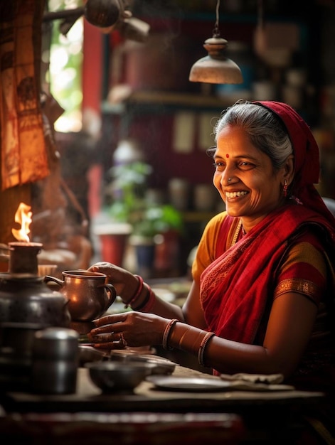 A woman sits at a table with a pot of tea and a fire.