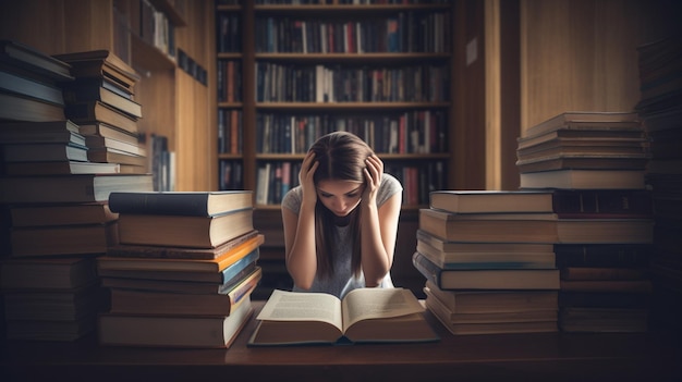 A woman sits at a table with a stack of books in the background.