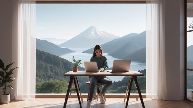 Photo a woman sits at a table with two laptops in front of a mountain