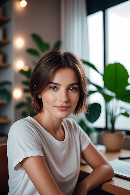 a woman sits at a table