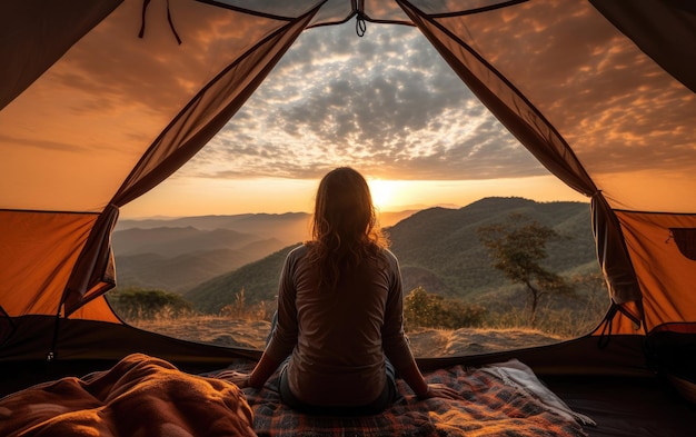 A woman sits in a tent in front of a sunset.