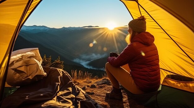 a woman sits in a tent with the sun behind her