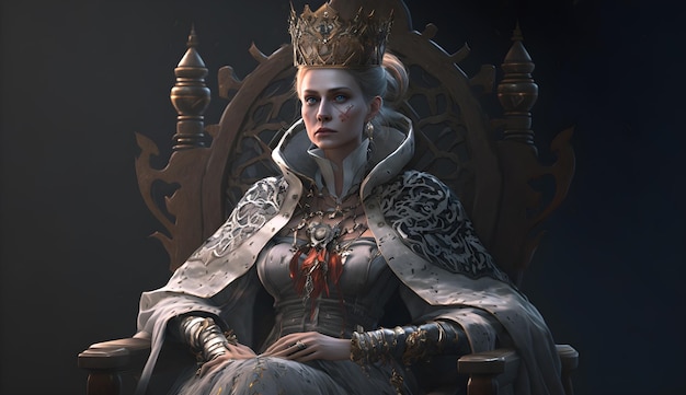 A woman sits in a throne with a crown on her head.