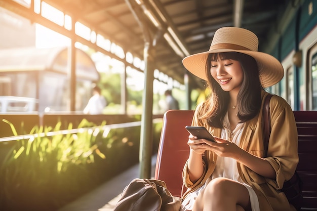 A woman sits on a train and looks at her phone