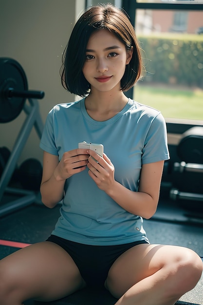 a woman sits on a treadmill with a phone in her hand.