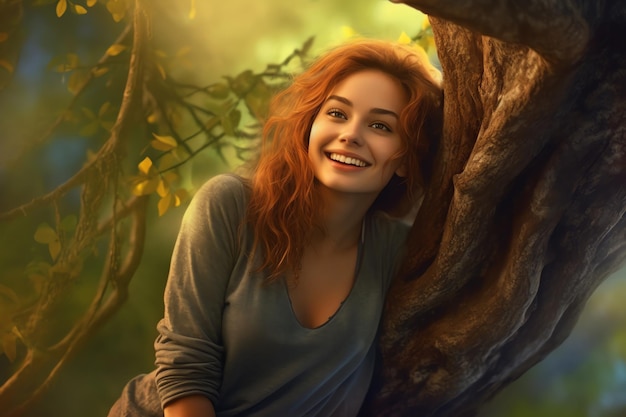 女性が木に座って微笑んでいます。