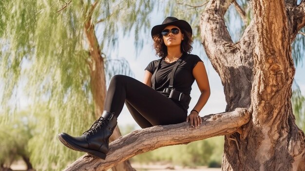 a woman sits in a tree wearing black boots and sits on a branch