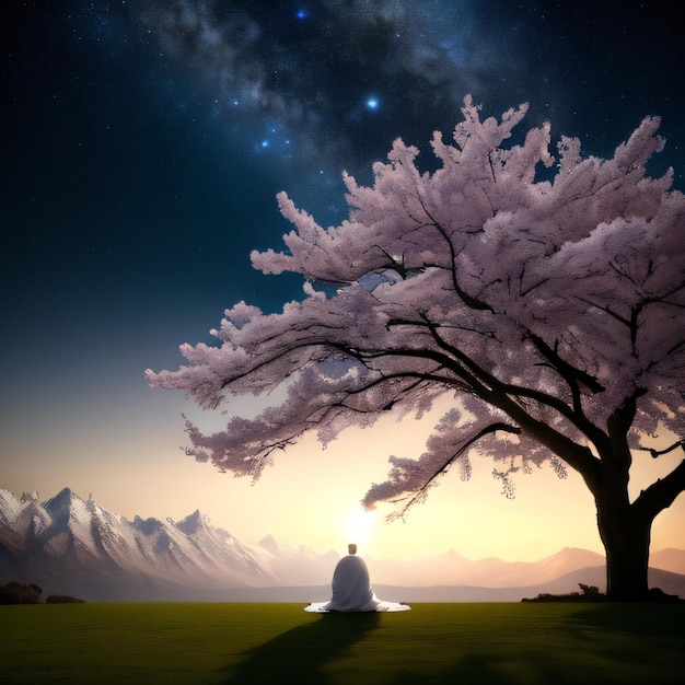 天の川を背景に木の下に座っている女性。