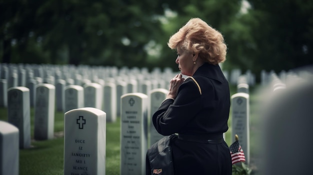 A woman sits among veterans gravestones Generative ai