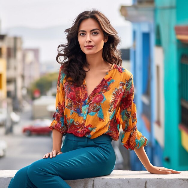 a woman sits on a wall with a red car behind her.