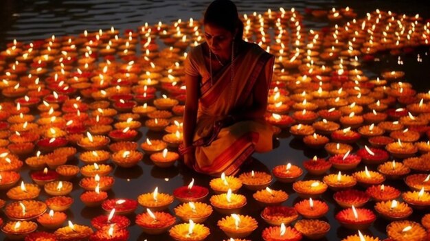 A woman sits in a water with candles lit up.