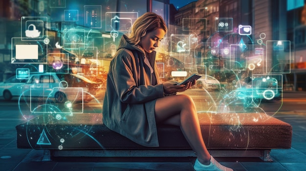 A woman sits on a window ledge in front of a cityscape