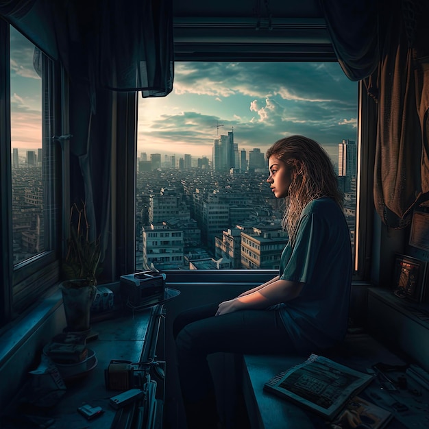 A woman sits on a window looking at a cityscape.