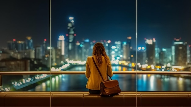 A woman sits on a window overlooking a cityscape.