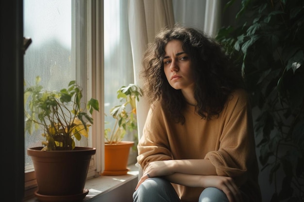 a woman sits on a window sill with a plant in the window