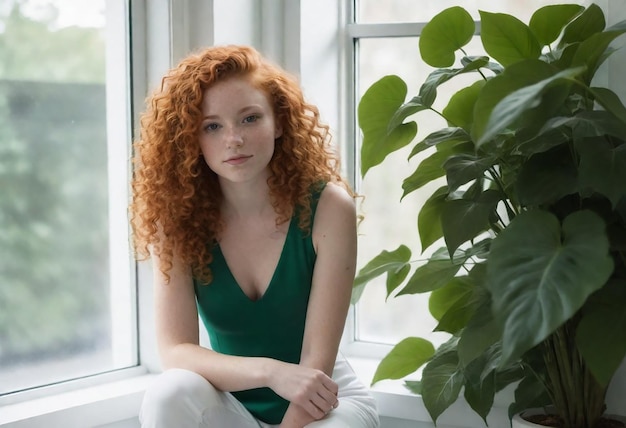 a woman sits on a windowsill with a plant in the background