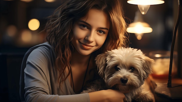 Woman sits with cute dog at restaurant Pet friendly places concept Emotional support concept