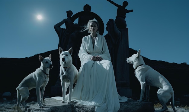 a woman sits with two dogs in front of a statue