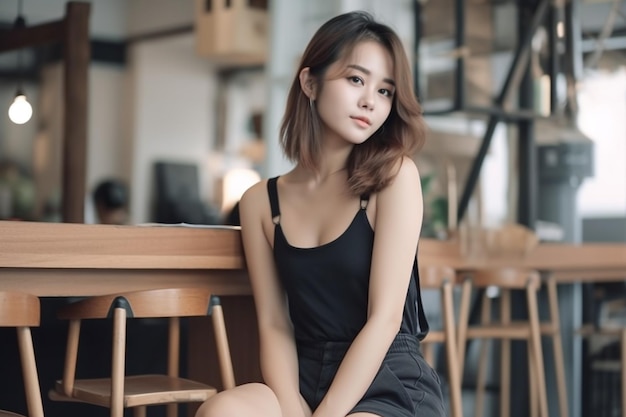 A woman sits on a wooden chair in a cafe.