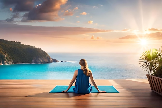 A woman sits on a yoga mat in front of a sunset.