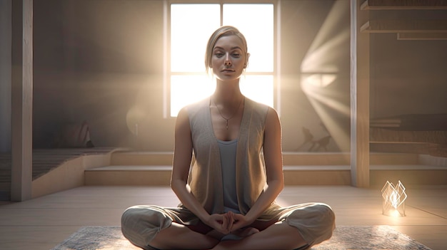 A woman sits on a yoga mat in front of a window with the sun shining on her face.