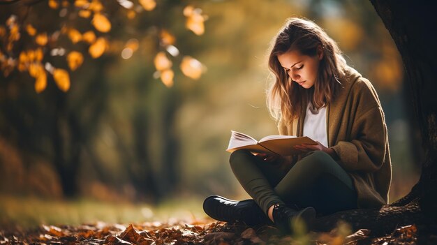 Photo a woman sitting against a tree to practice mindfulness