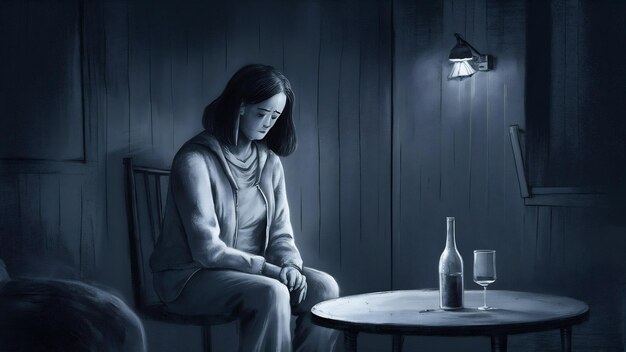Woman sitting alone in dark room at home lonely sad concept