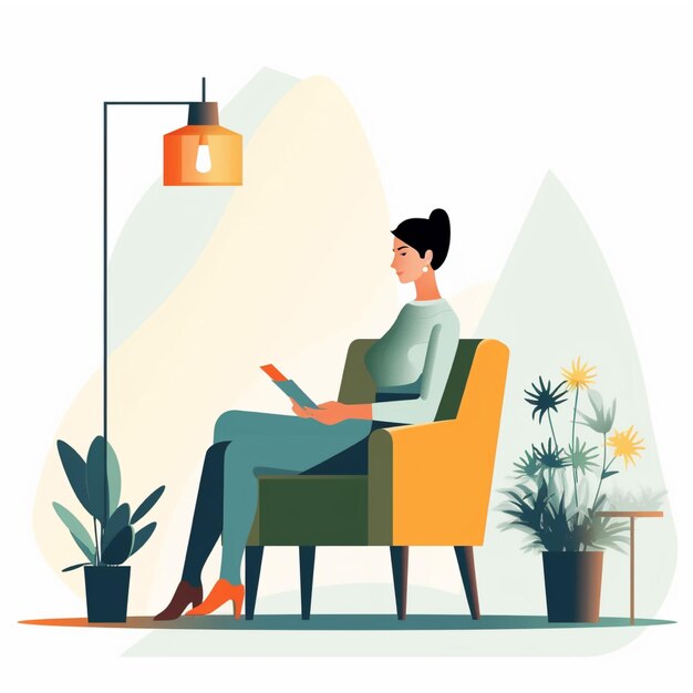 Woman sitting on armchair and reading book Flat vector illustration