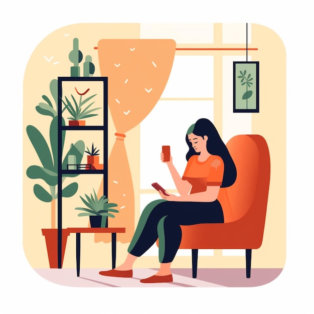 Woman sitting in armchair and reading documents Vector flat illustration