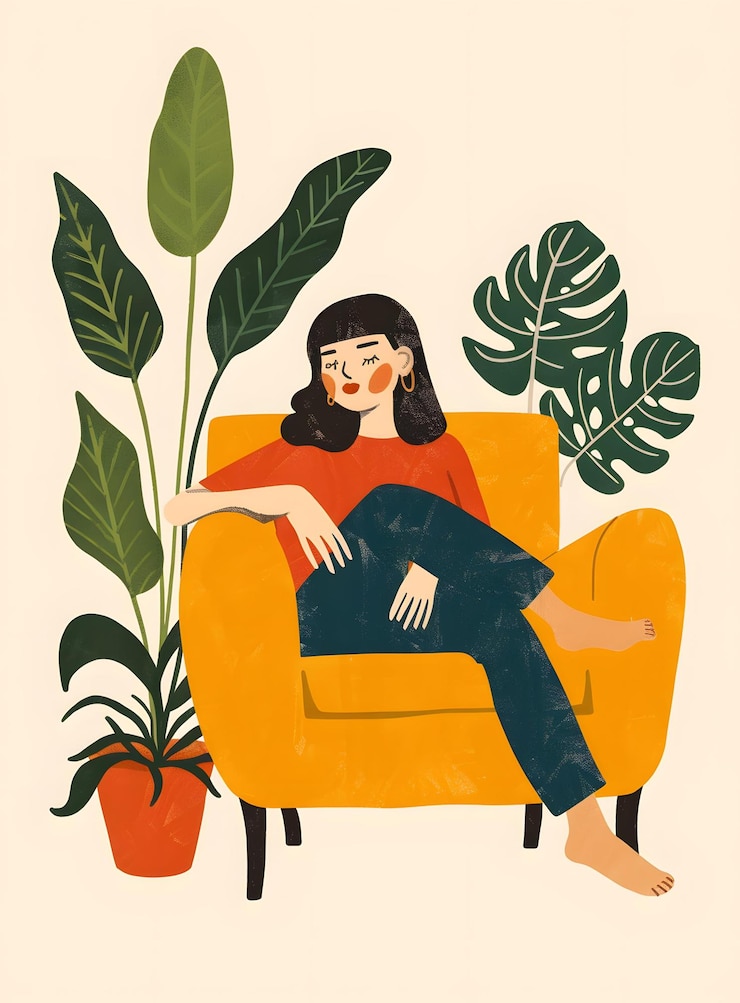 Photo woman sitting in armchair with plants