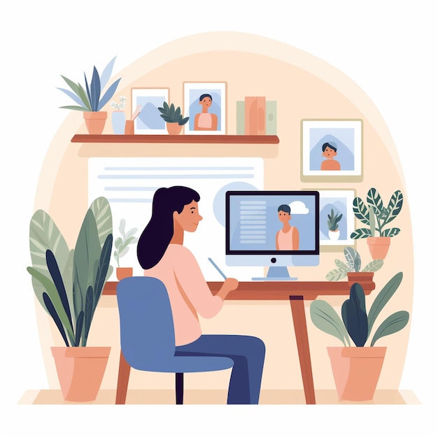 사진 컴퓨터 와 식물 을 들고 책상 에 앉아 있는 여자